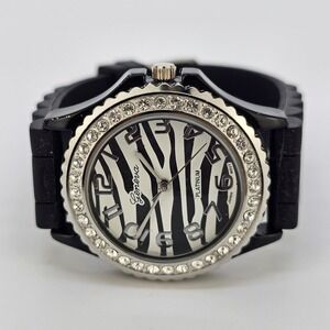 Women's Watch 38MM Zebra Dial Crystal‎ Bezel Black Plastic Bands New Battery